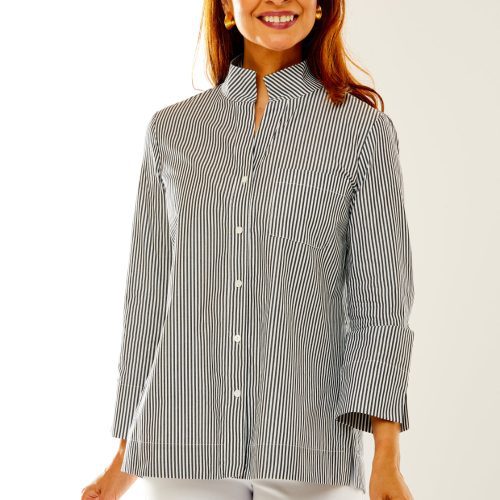 Woman in black and white stripe shirt