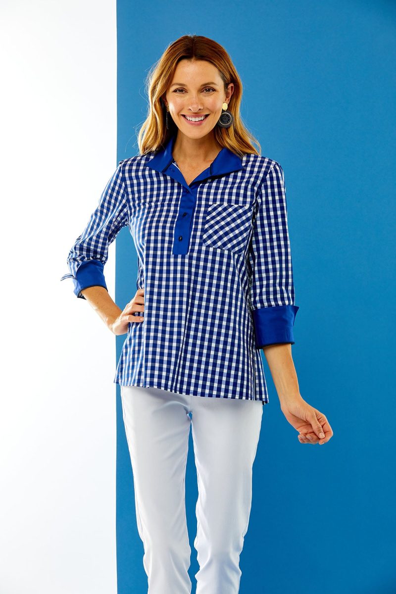 Woman in royal gingham top