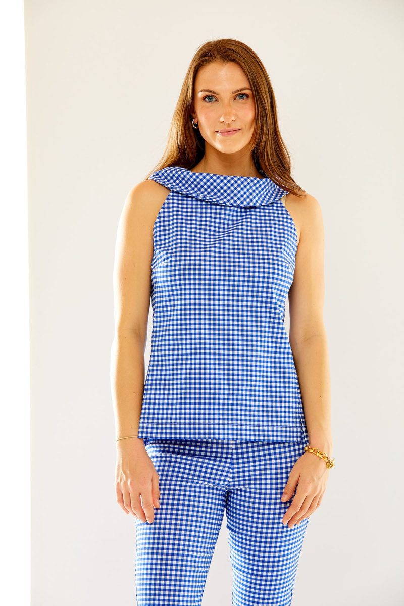 Woman in blue and white gingham top