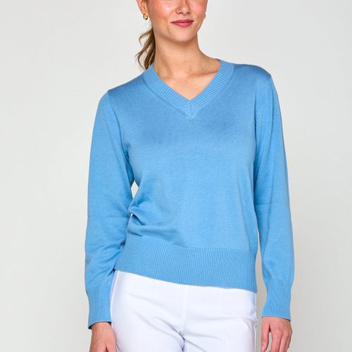 Woman in v neck sweater