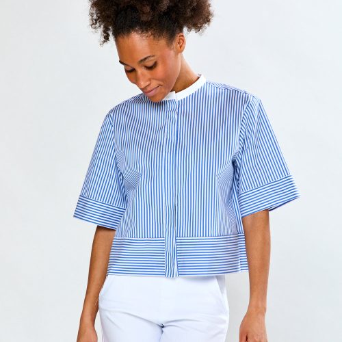 Woman in blue and white striped blouse