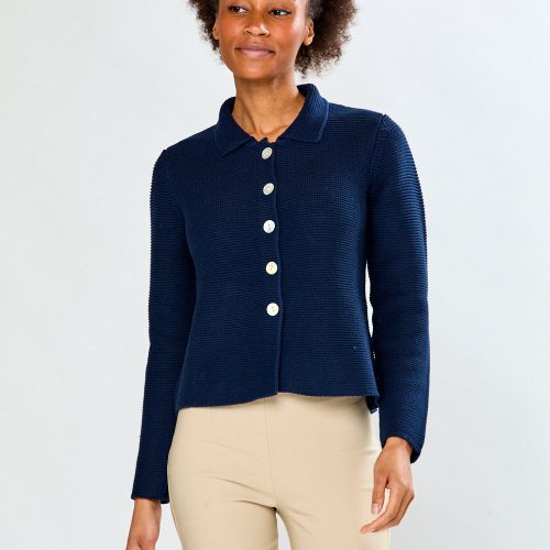 Woman in Navy Cardigan