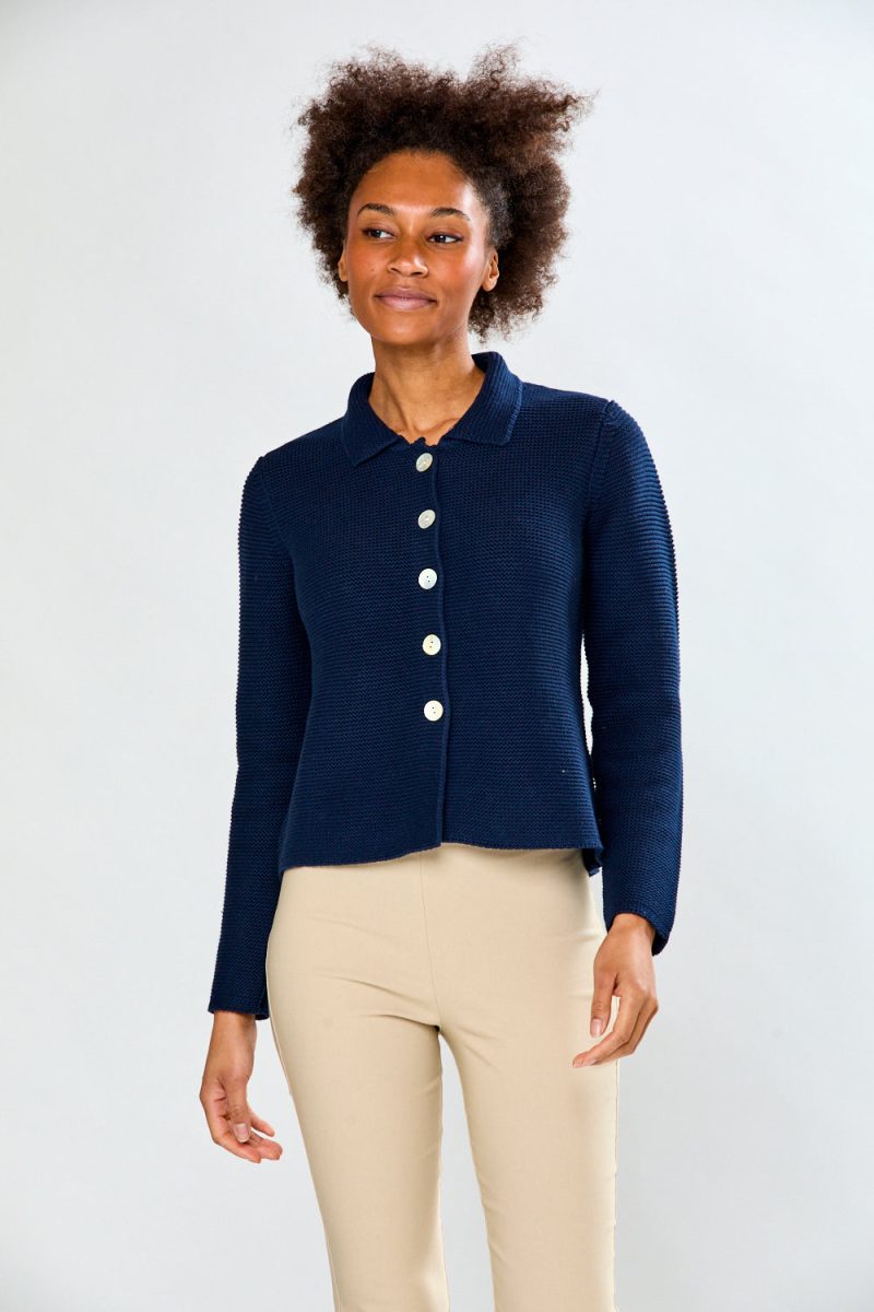 Woman in Navy Cardigan