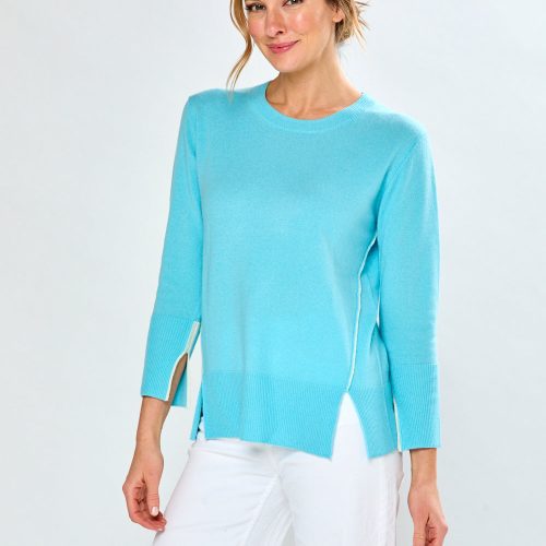 Tipped Cashmere Pullover in Pool and Ivory