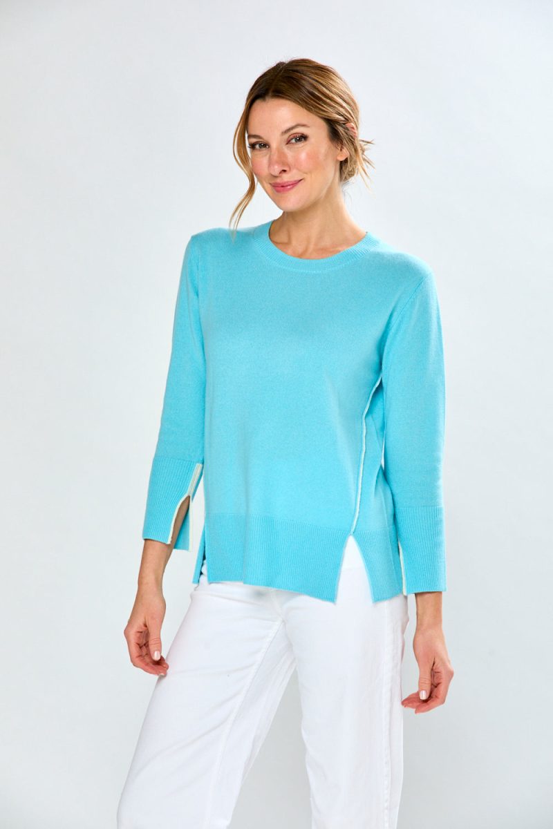 Tipped Cashmere Pullover in Pool and Ivory