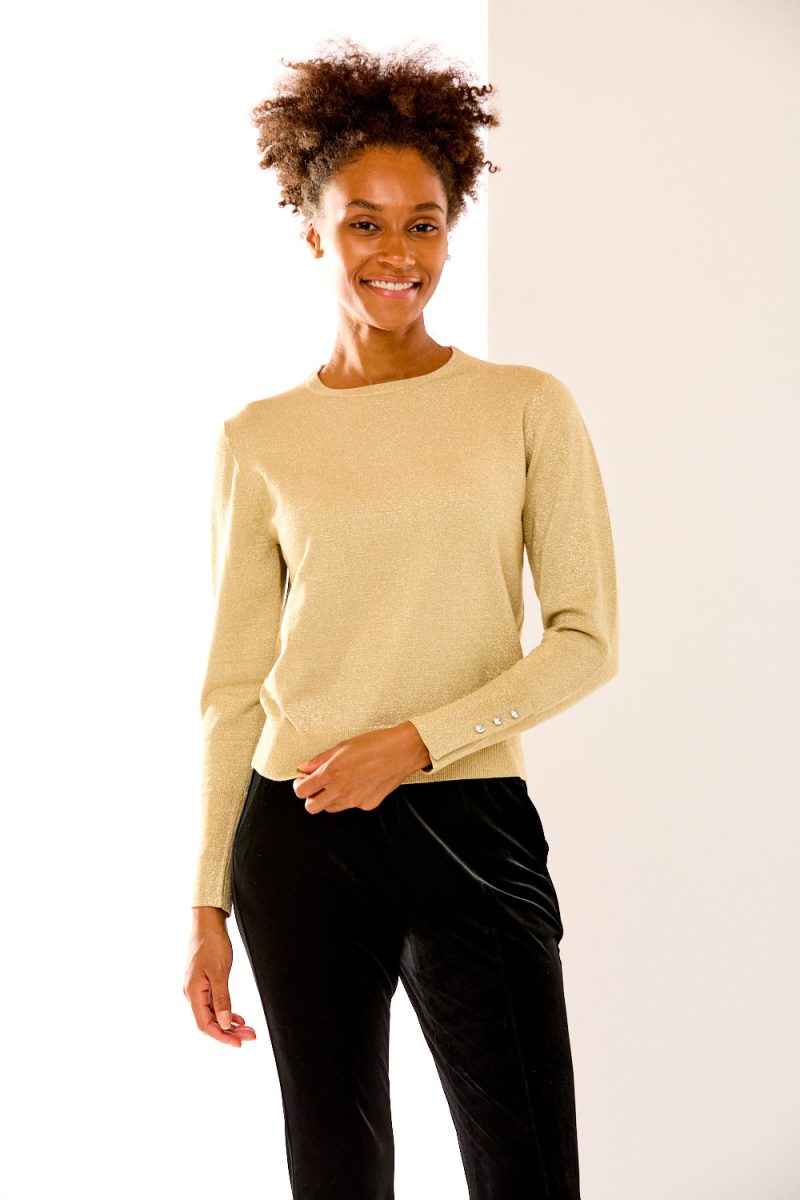 The lurex pullover in gold with button cuff