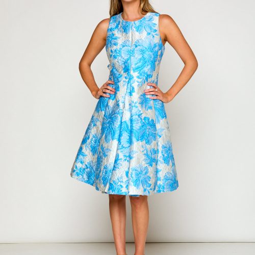 Woman in blue floral dress