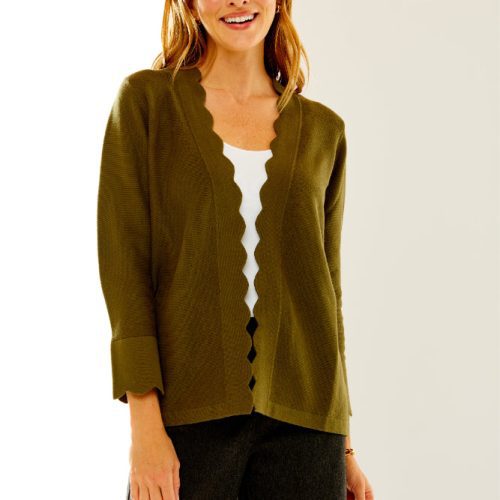 Woman in moss scallop cardigan