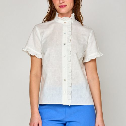 Woman in white short sleeve linen blouse