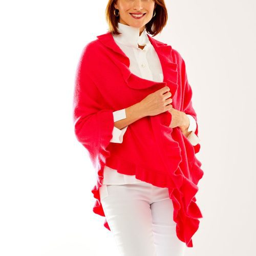 Watermelon cashmere wrap with ruffle edge. Perfect for everyday wear and as a cocktail attire accessory