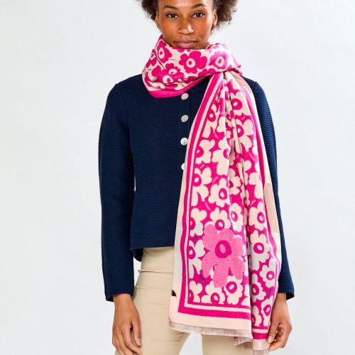 Woman in pink floral scarf