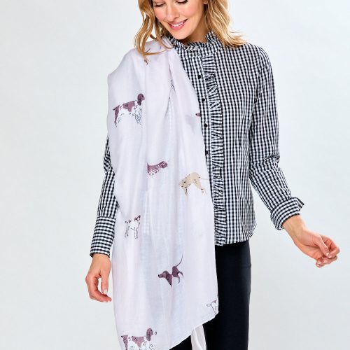 Woman in white dog scarf 