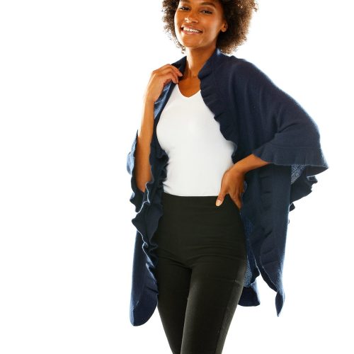 Navy cashmere wrap with ruffle edge. Perfect for everyday wear and as a cocktail attire accessory