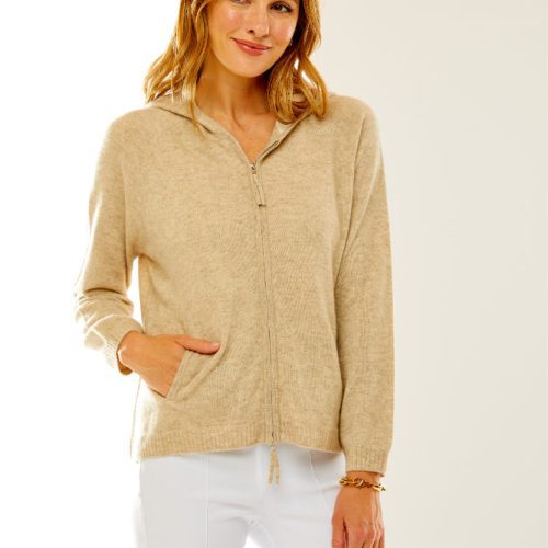 Woman in sand cashmere hoodie