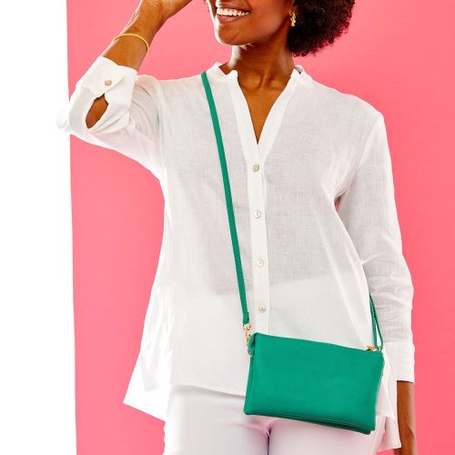 A green crossbody bag