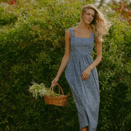 Woman in Mary Alex Dress in Indigo Poppy