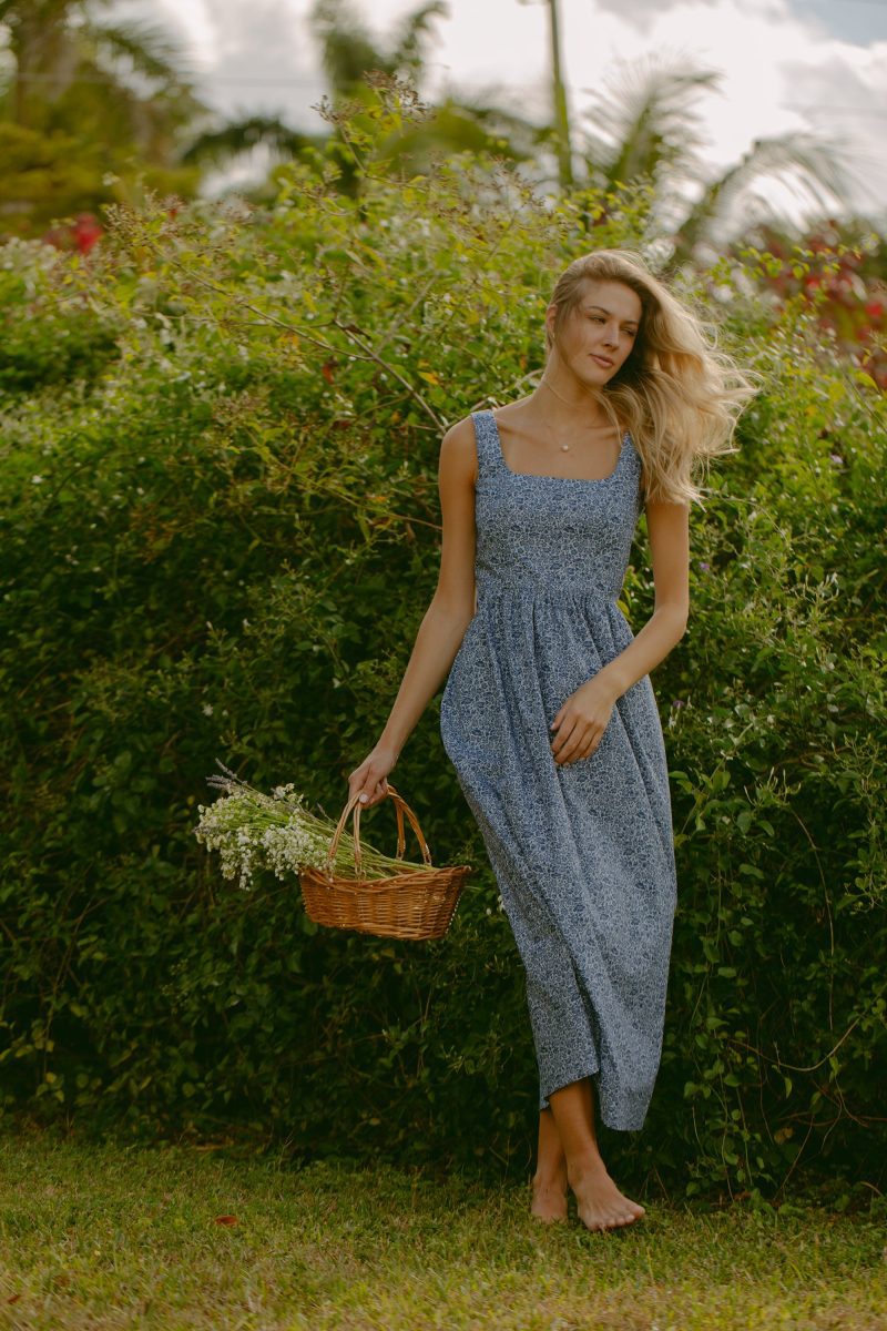 Woman in Mary Alex Dress in Indigo Poppy