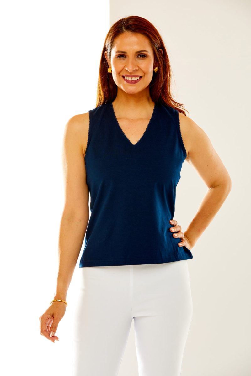 Woman in navy knit tank