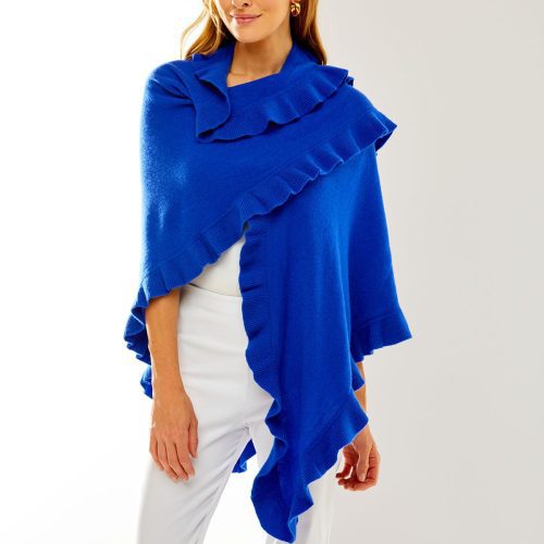 Marine Blue cashmere wrap with ruffle edge. Perfect for everyday wear and as a cocktail attire accessory