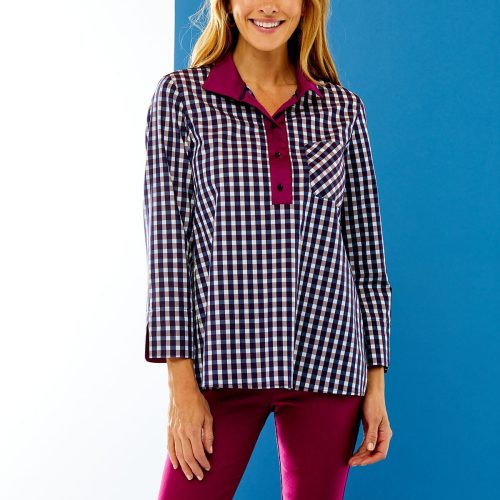 Woman in purple gingham top