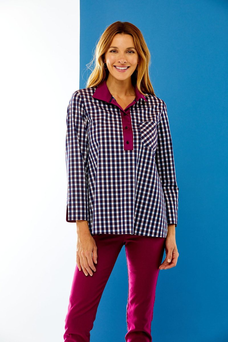 Woman in purple gingham top