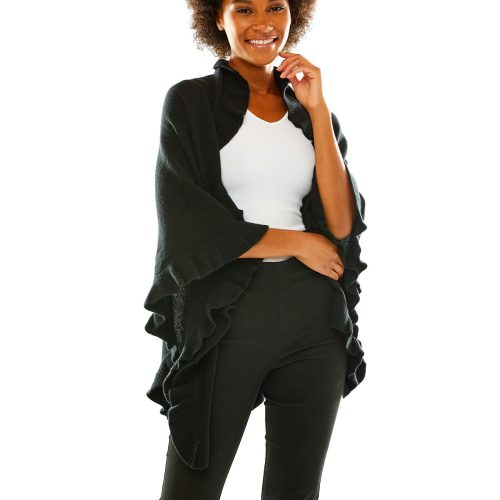 Black cashmere wrap with ruffle edge. Perfect for everyday wear and as a cocktail attire accessory