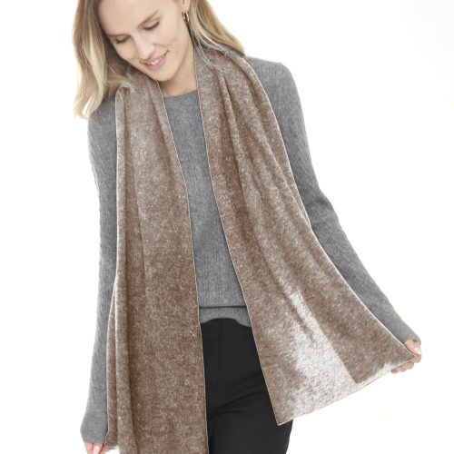 Woman in heather taupe cashmere scarf