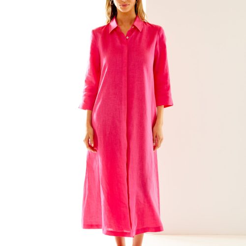 Woman in flamingo maxi linen dress