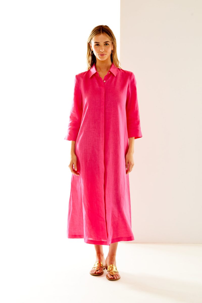 Woman in flamingo maxi linen dress