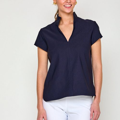 Woman in navy blouse