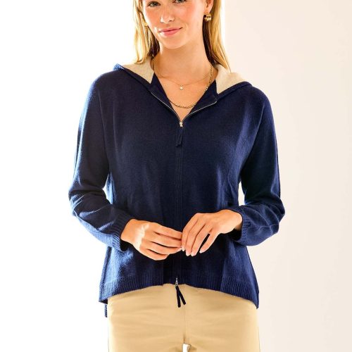 Woman in navy cashmere hoodie