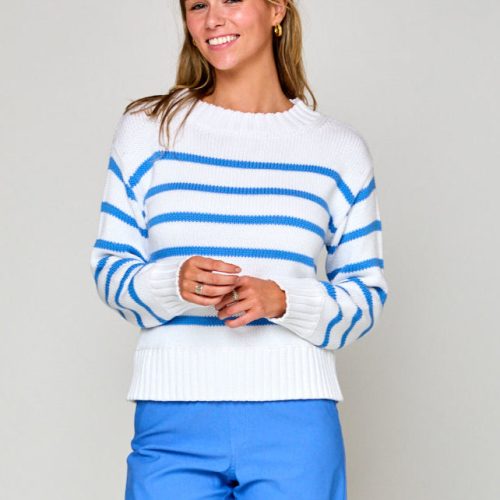 Woman in hydrangea stripe sweater