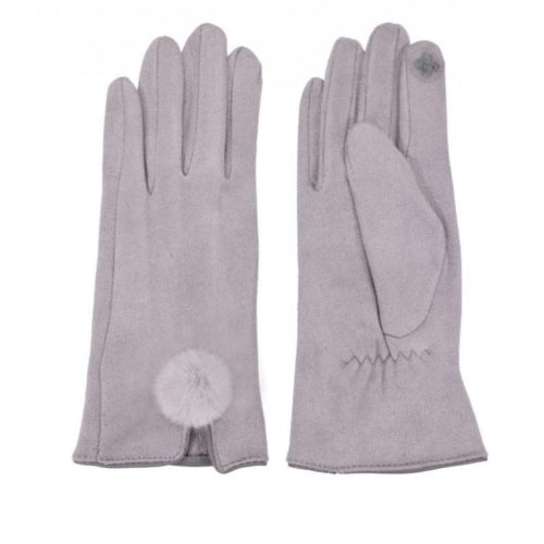 Woman in grey faux suede faux fur gloves