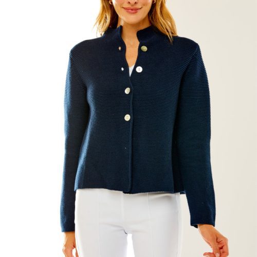 Woman in navy button front cardigan