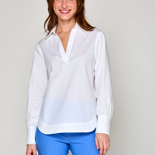 Woman in v neck collar shirt