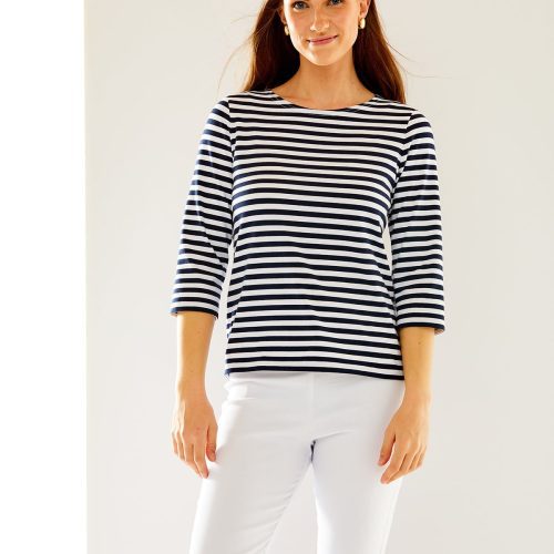 Woman in navy stripe shirt