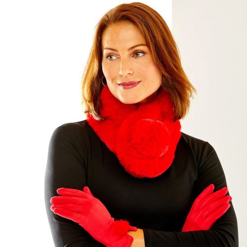 woman in red faux fur scarf