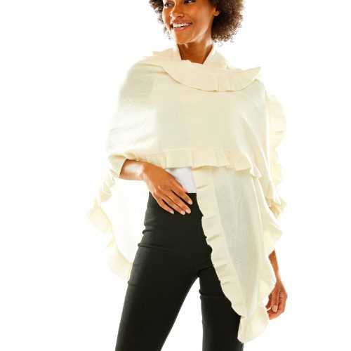 Ivory cashmere wrap with ruffle edge. Perfect for everyday wear and as a cocktail attire accessory