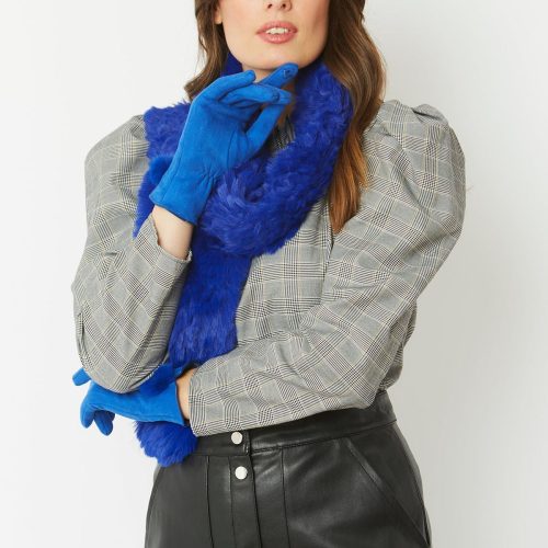 Woman in blue faux suede faux fur gloves