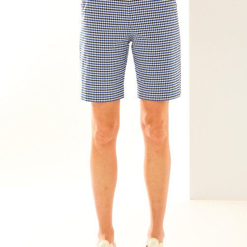 Woman in check slash pocket short