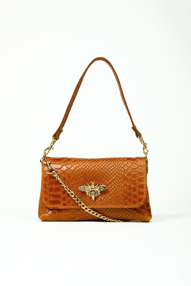 Camel handbag with bee embellishment