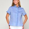 Woman in marine short sleeve linen blouse