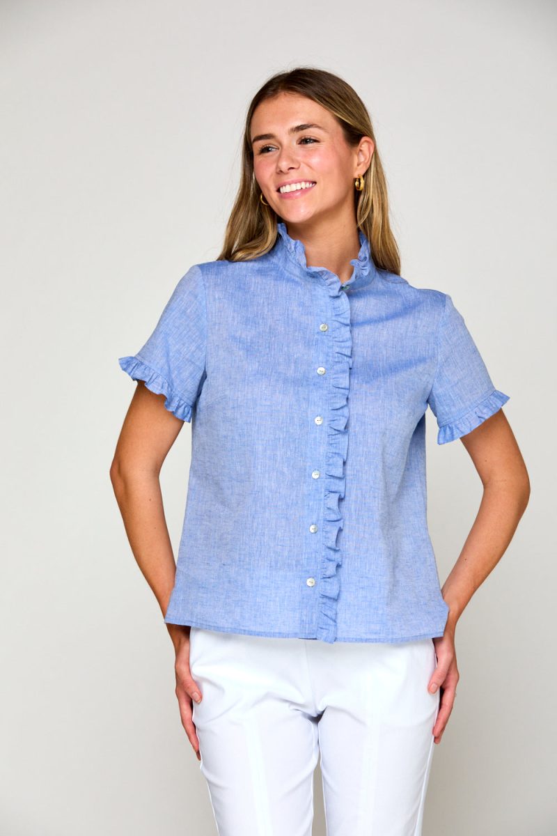 Woman in marine short sleeve linen blouse