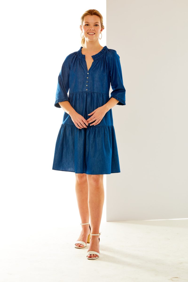 Woman in denim tencel dress