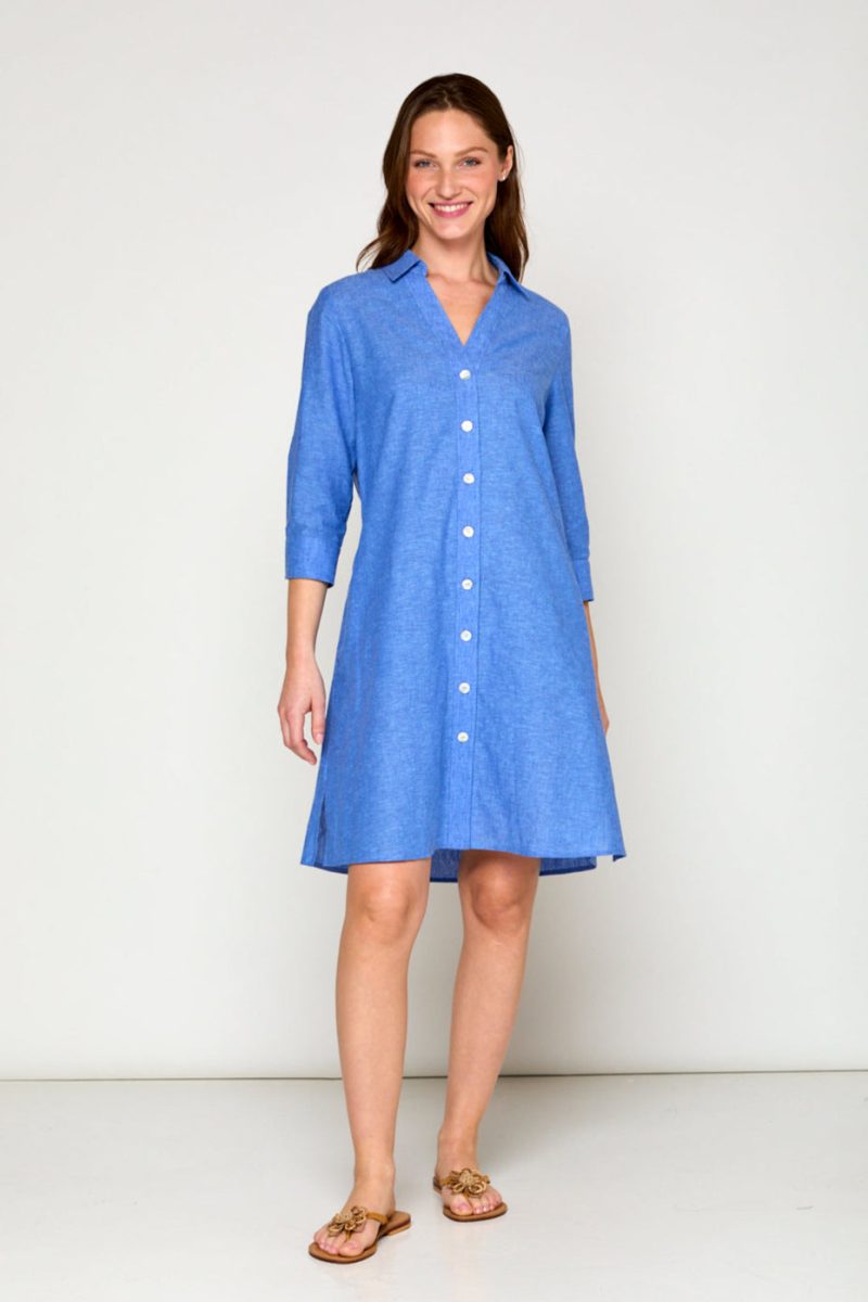 The Linen Bea Shirtdress in Azure