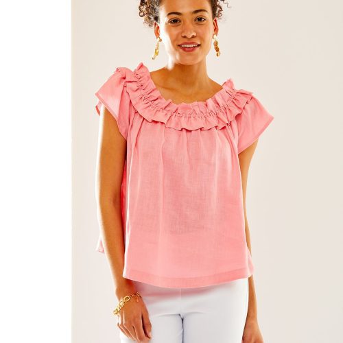 Woman in cotton candy ruffled top