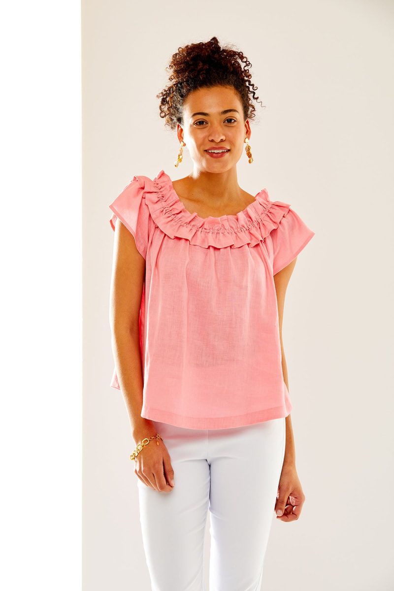 Woman in cotton candy ruffled top