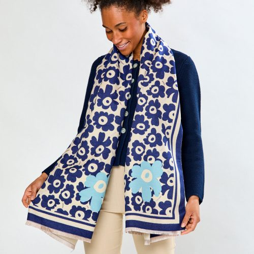 Woman in navy floral scarf