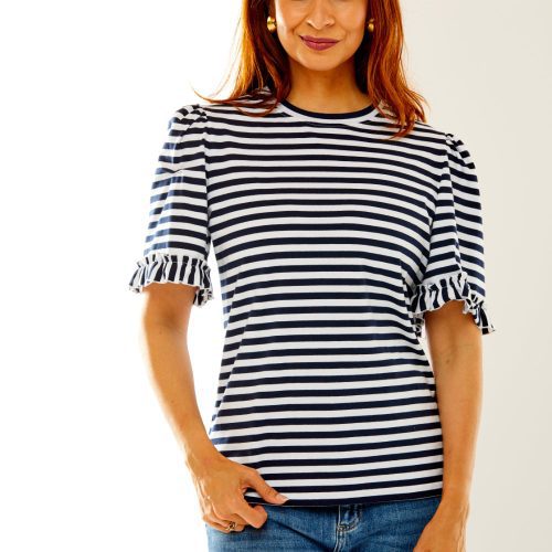 Woman in stripe knit top