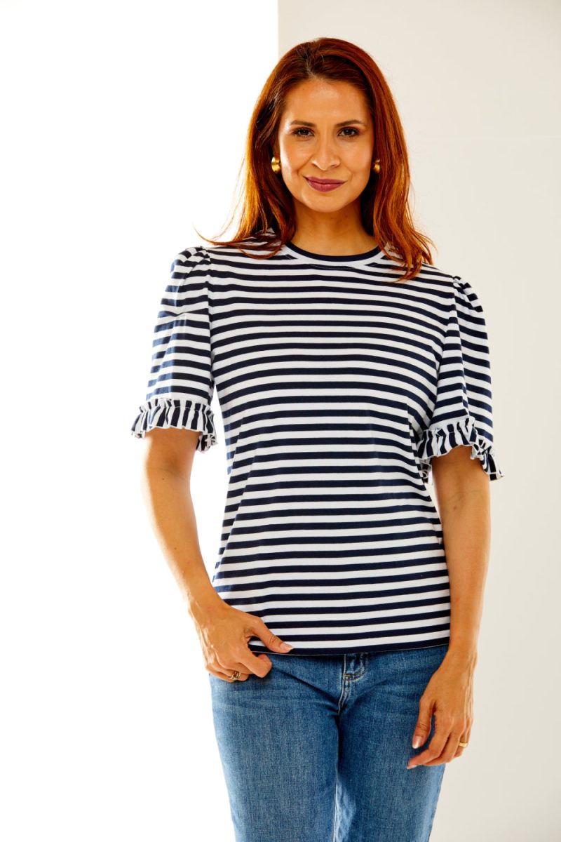 Woman in stripe knit top